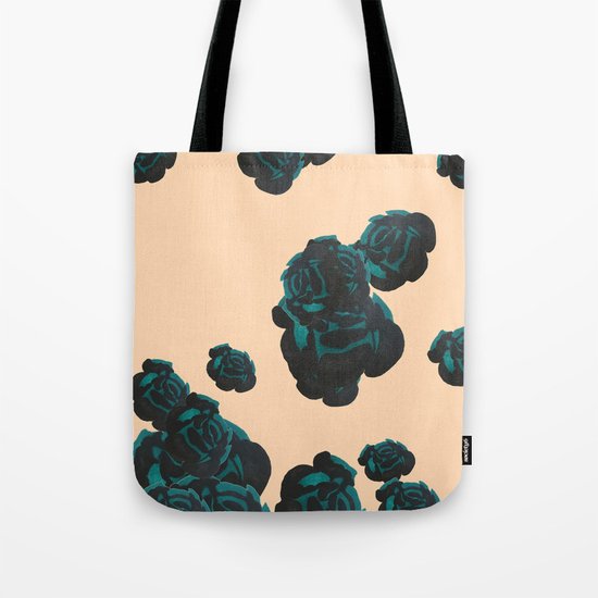 Green and Black Roses on Peach, Greenery Tote Bag