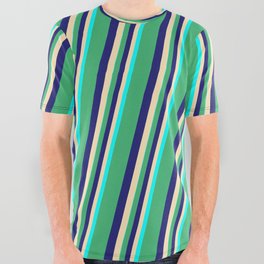 [ Thumbnail: Sea Green, Midnight Blue, Beige & Cyan Colored Lines Pattern All Over Graphic Tee ]