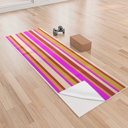 [ Thumbnail: Fuchsia, Bisque, Red, and Goldenrod Colored Lined Pattern Yoga Towel ]