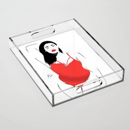 Beautiful woman posing in red swimsuit and lipstick Acrylic Tray