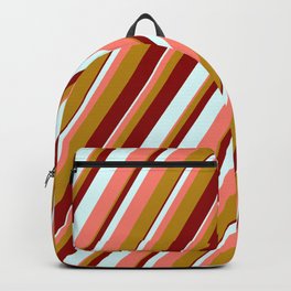 [ Thumbnail: Dark Red, Light Cyan, Salmon, and Dark Goldenrod Colored Lined Pattern Backpack ]