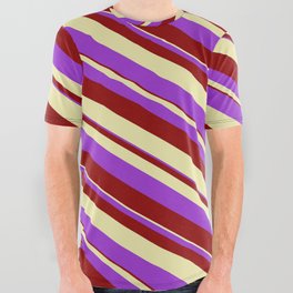[ Thumbnail: Dark Orchid, Dark Red, and Pale Goldenrod Colored Striped/Lined Pattern All Over Graphic Tee ]