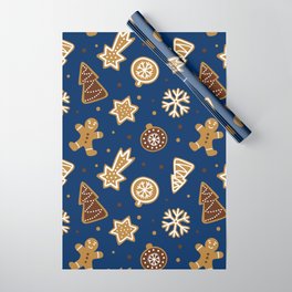 Xmas Cookies Gingerbread Vintage Seamless Pattern on Navy Blue Wrapping Paper | Winter, Pine, Cookie, Tree, Xmas, Snowflakes, Background, Christmas, Vintage, Sweet 