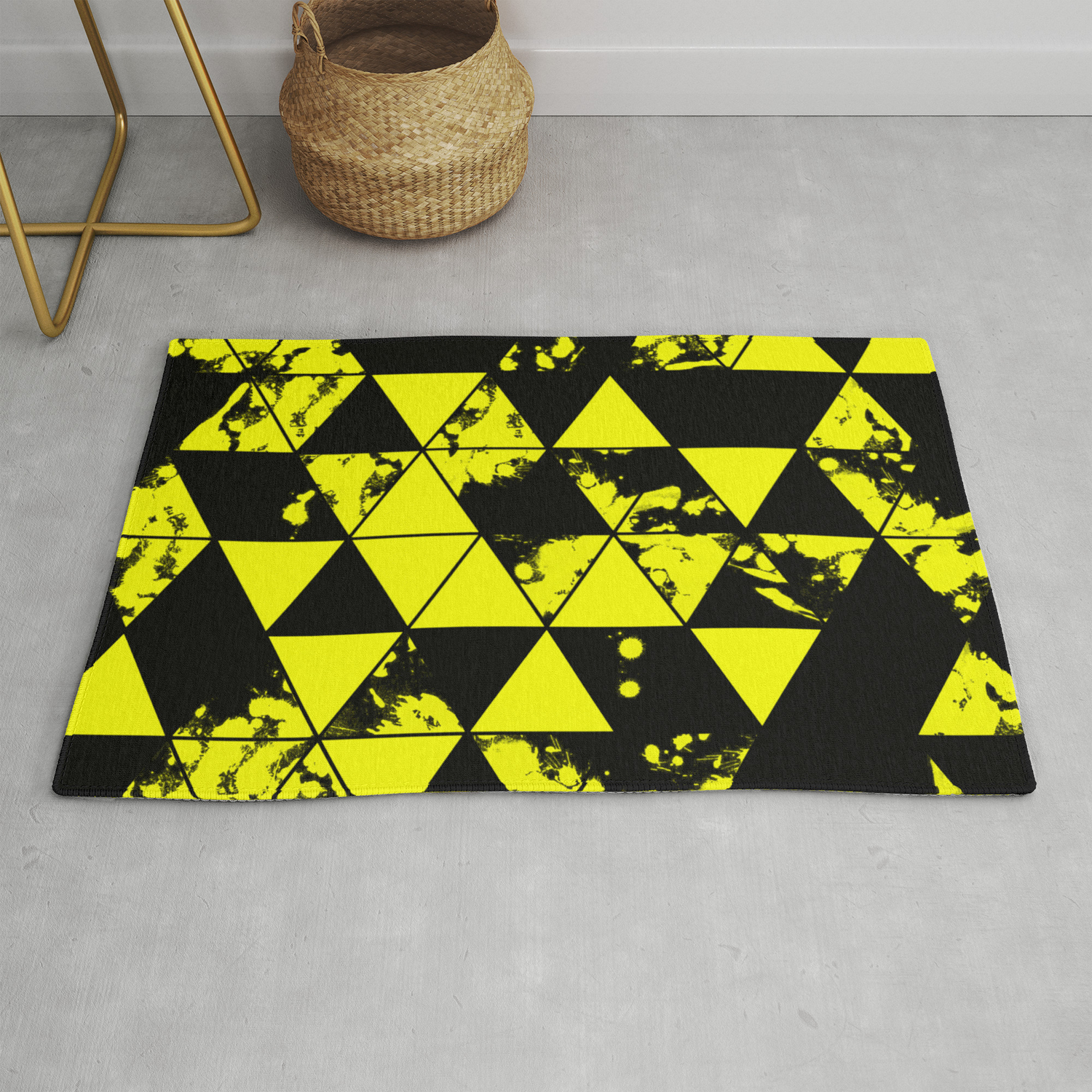 Splatter Triangles In Black And Yellow, Black And Yellow Rug