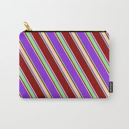 [ Thumbnail: Purple, Light Green, Dark Red & Tan Colored Stripes/Lines Pattern Carry-All Pouch ]