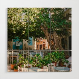 Greek Tavern under Big Tree | Idyllic Greece Scenery of Restaurant on the Island | Travel Photography in the Mediterranean island of Naxos Wood Wall Art