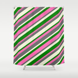 [ Thumbnail: Hot Pink, Dim Gray, Beige, and Green Colored Stripes Pattern Shower Curtain ]
