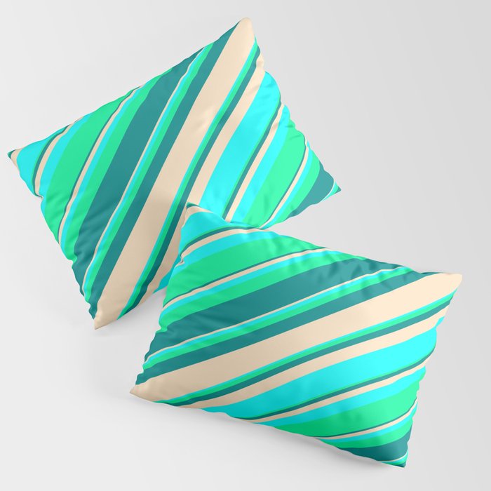 Green, Dark Cyan, Bisque, and Aqua Colored Pattern of Stripes Pillow Sham