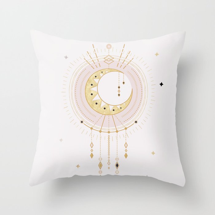 MYSTIC  TRIBAL MOON - soft pink and gold Throw Pillow