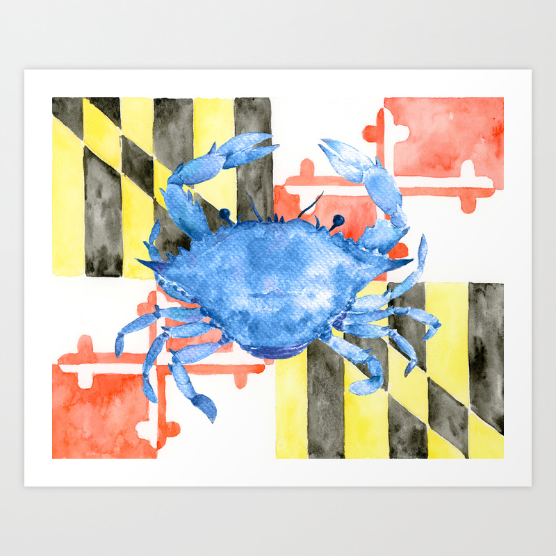 Watercolor Maryland Flag And Blue Crab Art Print By Chengjing