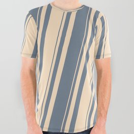 [ Thumbnail: Slate Gray and Bisque Colored Stripes Pattern All Over Graphic Tee ]