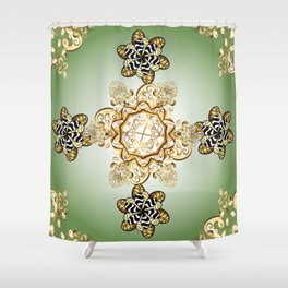 Seamless classic vintage golden pattern. Vintage illustration. Traditional orient ornament. Classic vintage background. Seamless pattern on green, gray and neutral colors with golden elements.  Shower Curtain