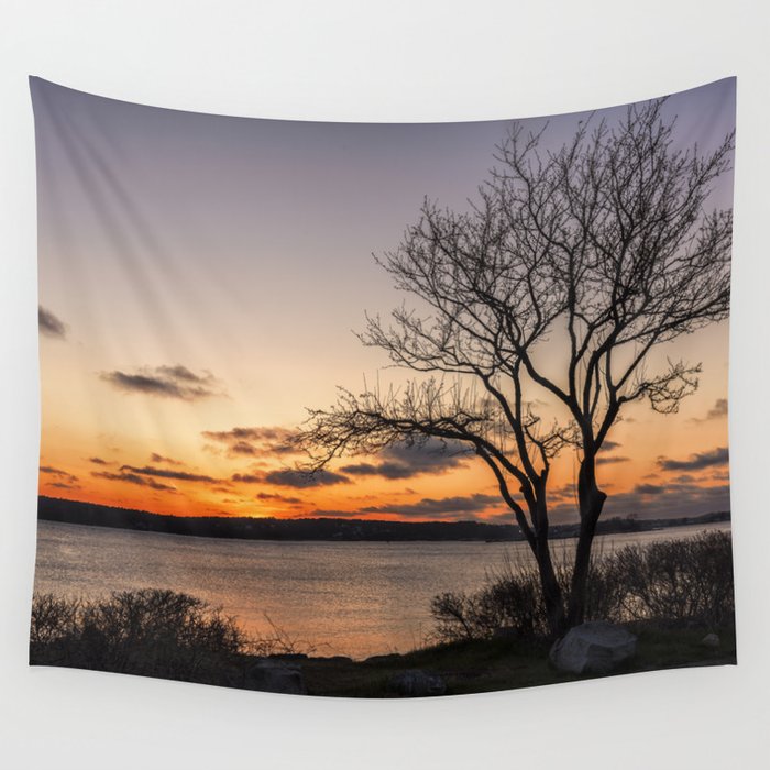 Tree silhouette at sunset Wall Tapestry