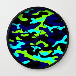 Camouflage Pattern Neon Green Black Blue Navy Wall Clock