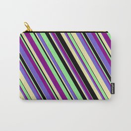 [ Thumbnail: Light Green, Purple, Slate Blue, Pale Goldenrod, and Black Colored Lines/Stripes Pattern Carry-All Pouch ]