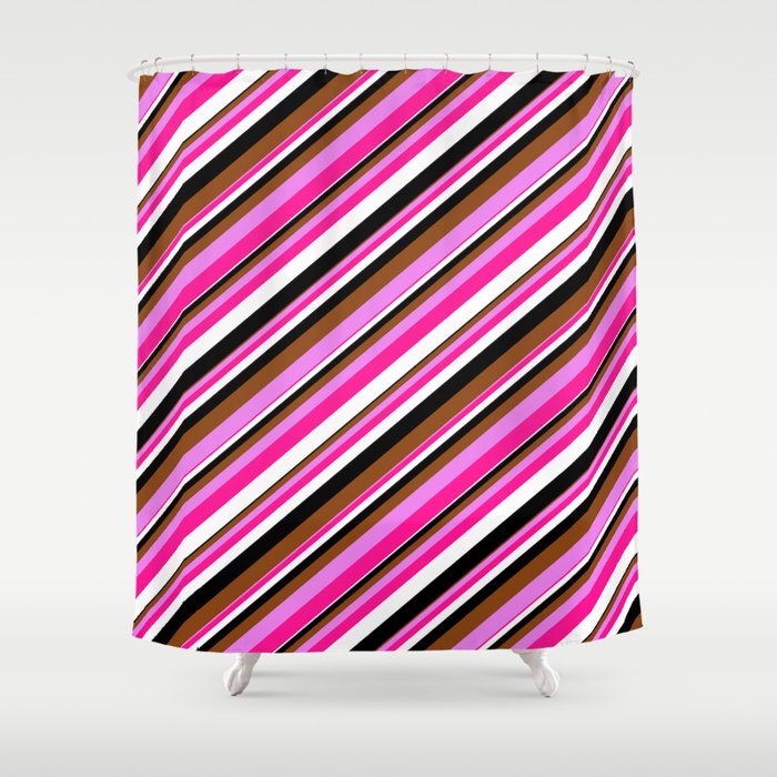 Vibrant Brown, Violet, Deep Pink, White, and Black Colored Striped Pattern Shower Curtain