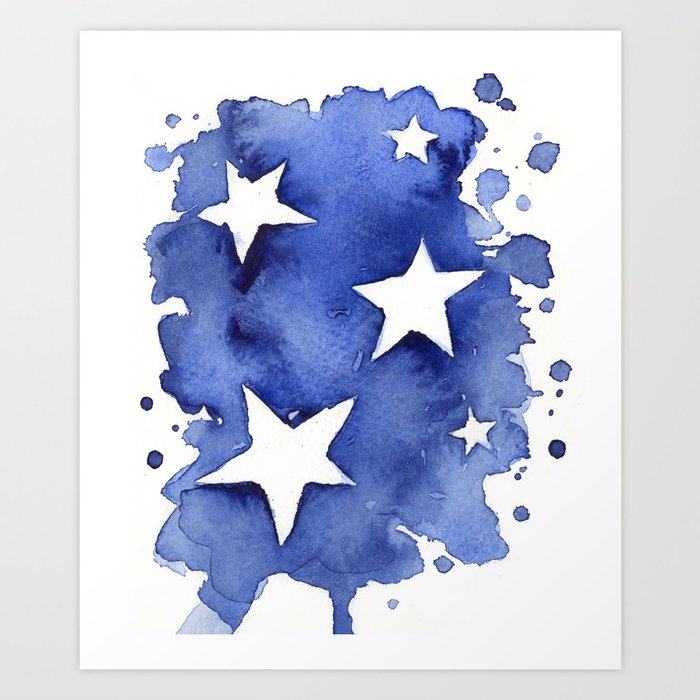 Stars Abstract Blue Watercolor Geometric Painting Art Print