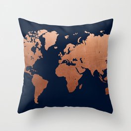 World map navy blue and copper Throw Pillow
