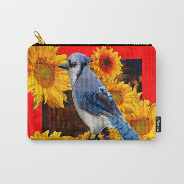 RED SUNFLOWERS  & BLUE JAY ART Carry-All Pouch