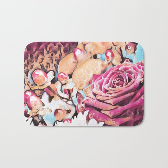 Textured illustration with rose and berries Bath Mat