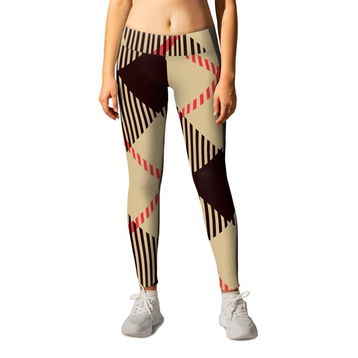 Tan Tartan with Diagonal Black and Red Stripes Leggings