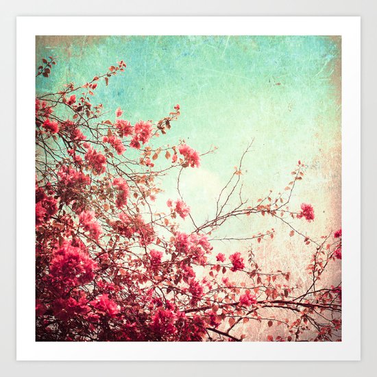 Pink Flowers on a Textured Blue Sky (Vintage Flower Photography) Art Print