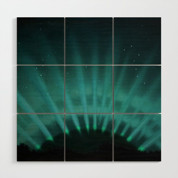 Vintage Aurora Borealis northern lights poster in blue Wood Wall Art