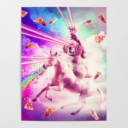 Laser Eyes Space Cat Riding Dog, Unicorn - Rainbow Poster