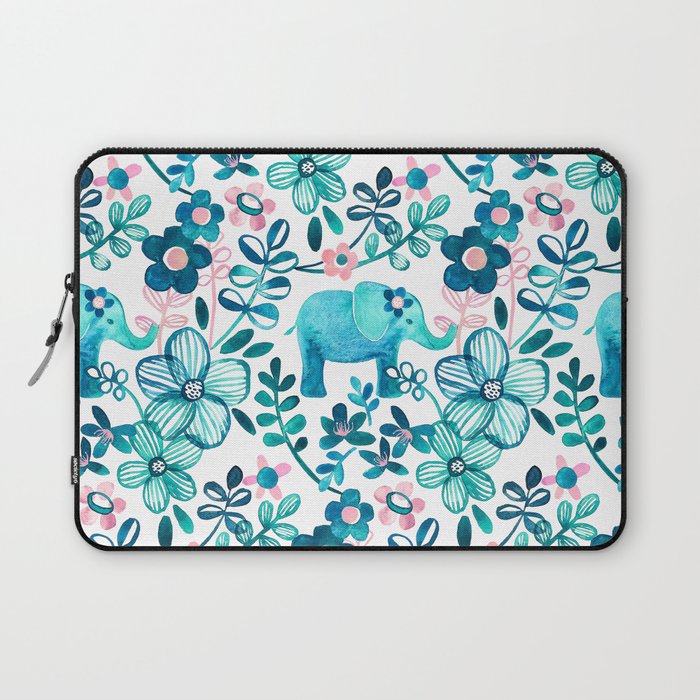 Dusty Pink, White and Teal Elephant and Floral Watercolor Pattern Laptop Sleeve