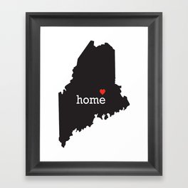 Maine home state - black state map with Home written in white serif text with a red heart. Framed Art Print