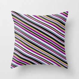 [ Thumbnail: Eye-catching Dark Khaki, Purple, Lavender, Slate Gray, and Black Colored Lined/Striped Pattern Throw Pillow ]