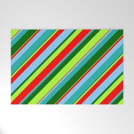 [ Thumbnail: Eye-catching Light Sea Green, Dark Green, Light Green, Red & Light Sky Blue Colored Stripes Pattern Welcome Mat ]