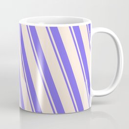 [ Thumbnail: Beige and Medium Slate Blue Colored Striped Pattern Coffee Mug ]