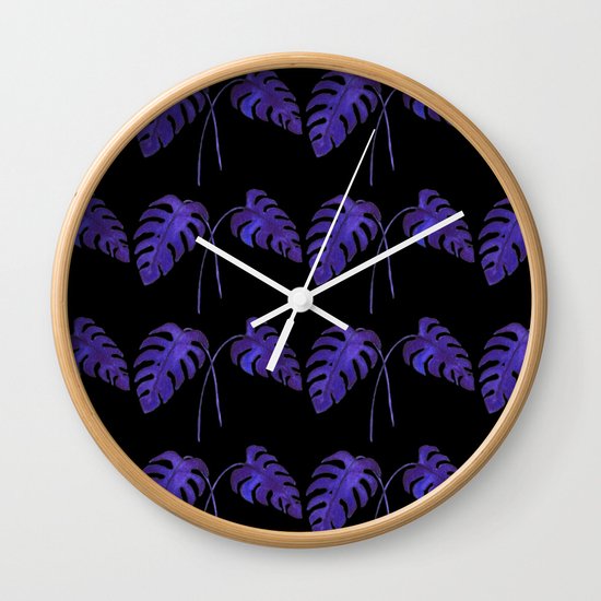 Indigo Monstera Leaf Watercolor on Black Wall Clock