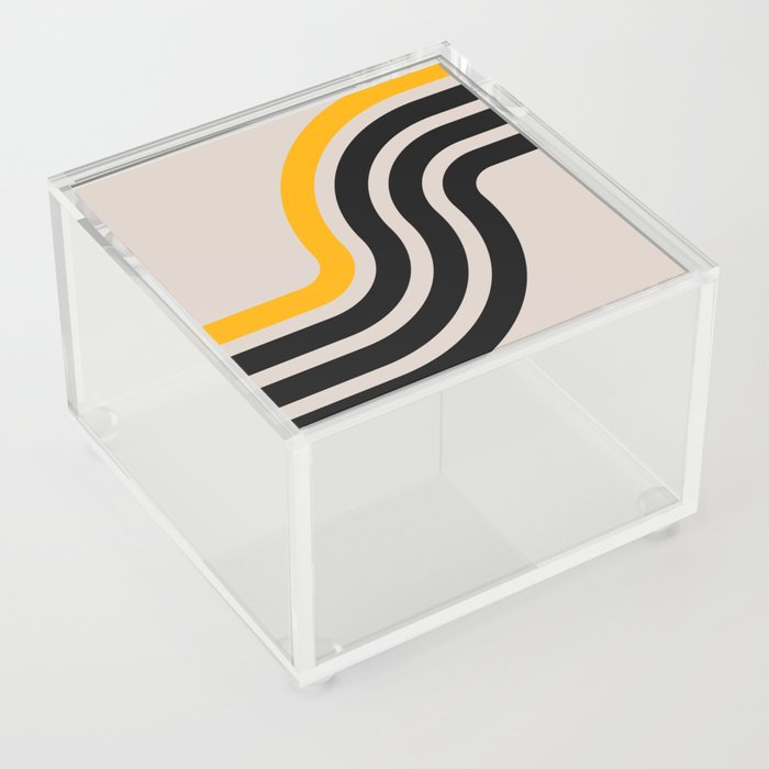 Retro 70s Wavy Stripes Abstract Black White Yellow Acrylic Box