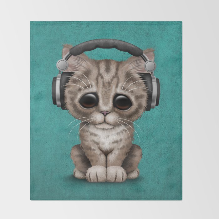 Cute Kitten Dj Wearing Headphones On Blue Throw Blanket