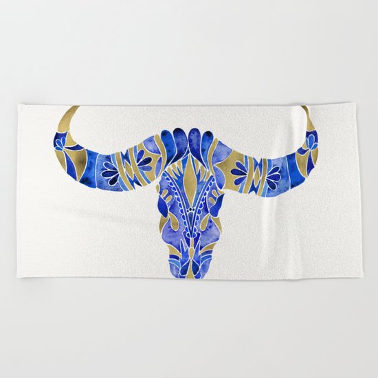 Water Buffalo Skull – Navy & Gold Beach Towel