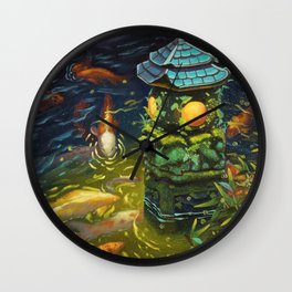 Stone lantern with Koi fishes oil painting Wall Clock