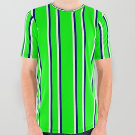 [ Thumbnail: Lime, Beige & Blue Colored Striped Pattern All Over Graphic Tee ]