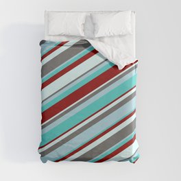 [ Thumbnail: Eyecatching Dim Grey, Light Blue, Turquoise, Dark Red, and Light Cyan Colored Lines Pattern Duvet Cover ]