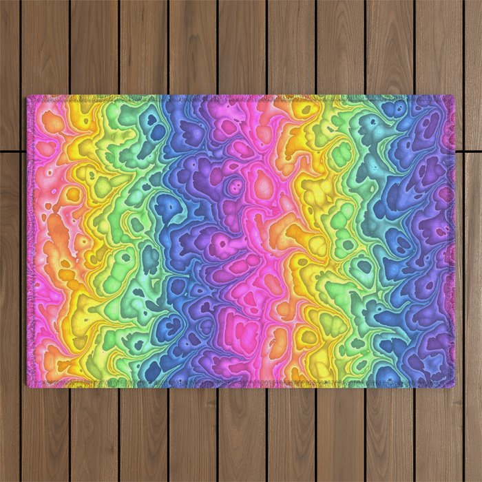 Trippy Funky Squiggly Vibrant Rainbow Outdoor Rug