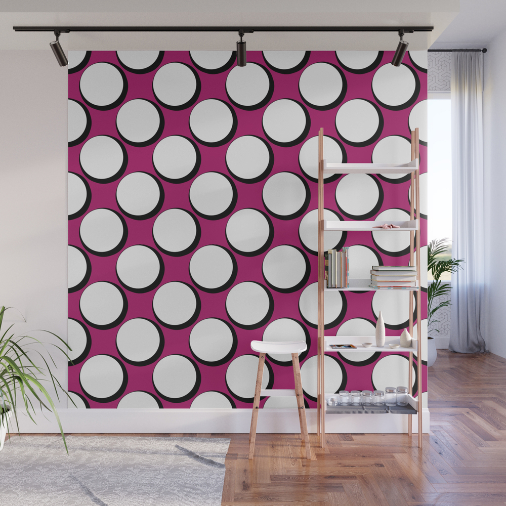 Fuchsia Pink And White Large Polka Dots With Shadow Wall Mural by sunshineprints