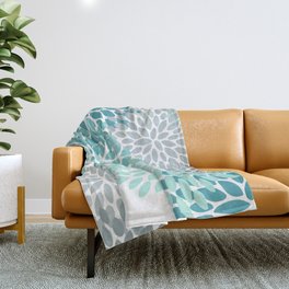 Floral Pattern, Aqua, Teal, Turquoise and Gray Throw Blanket
