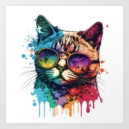 Happy Cat Wearing Sunglasses Colorful - Cats Mom or Dad Gift Idea Funny Art Print