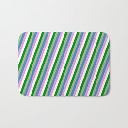 [ Thumbnail: Green, Dark Sea Green, Blue, Plum & White Colored Pattern of Stripes Bath Mat ]