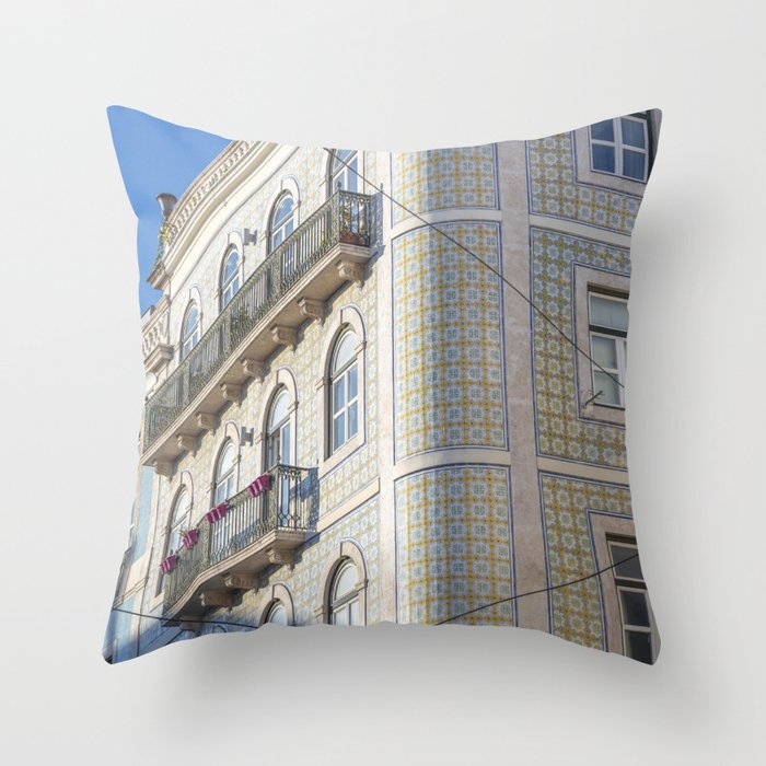 Round corner building in Lisbon, Portugal - green and yellow azulejos - summer street and travel photography Throw Pillow