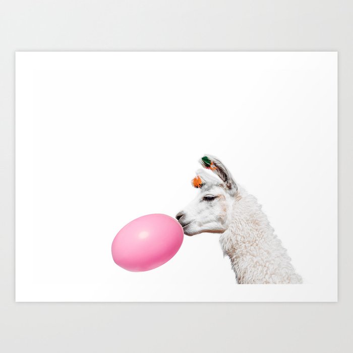 Funny Llama with Pink Balloon White Background Art Print