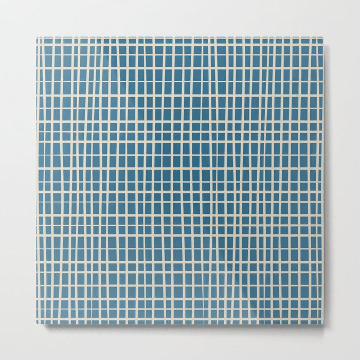 Irregular Grid Pattern in Boho Blue and Beige Metal Print