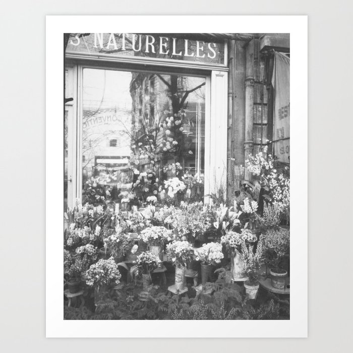 Paris, France Flower Shop-Boutique Fleurs black and white photograph Art Print