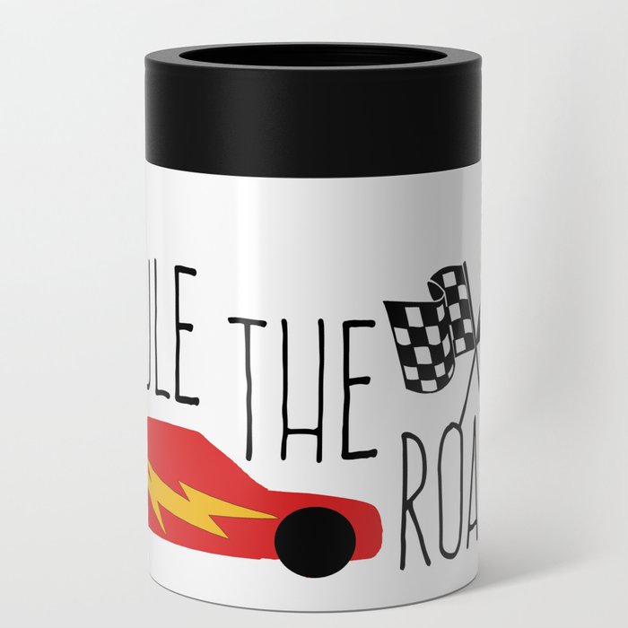 Red Race Car with lightning bolt Checkered flags with quote "RULE THE ROAD" Can Cooler